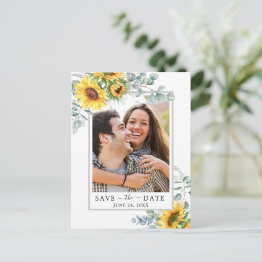 サンフラワーユーカリPHOTOウェディング日付を保存 ポストカード (スタンド正面)