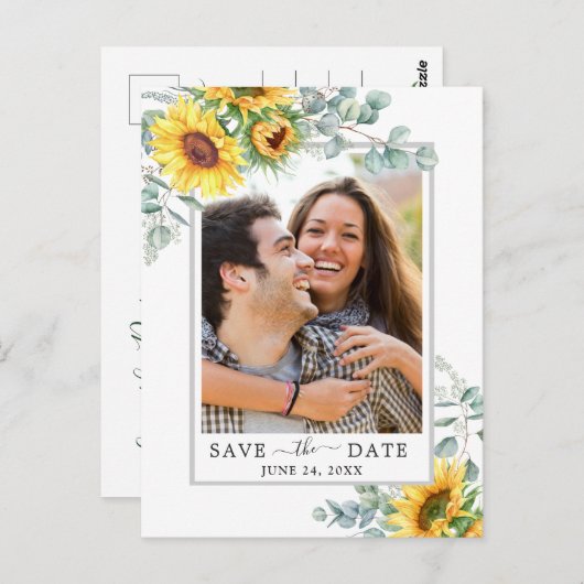 サンフラワーユーカリPHOTOウェディング日付を保存 ポストカード (正面/裏面)