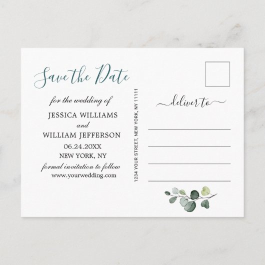 サンフラワーユーカリPHOTOウェディング日付を保存 案内ポストカード (裏面)