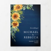 サンフラワーユーカリQRコードネイビーブルー結婚ズ 三つ折り招待状 (カバー)