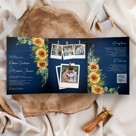 サンフラワーユーカリQRコードネイビーブルー結婚ズ 三つ折り招待状