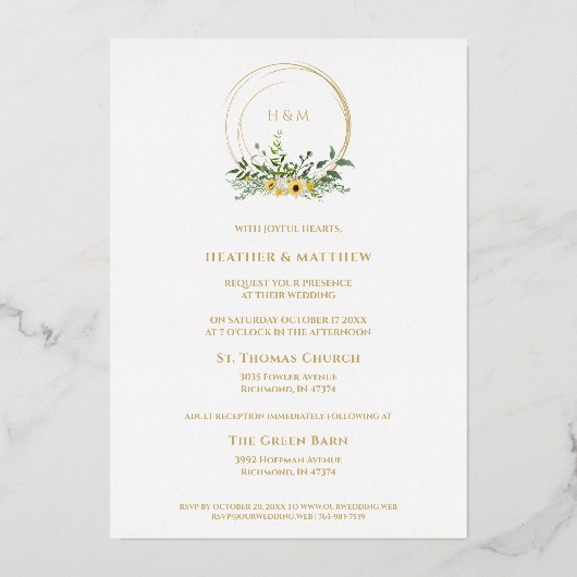 サンフラワーロマンチックシックフローラリースゴ実在ンデッド 箔招待状 (裏面)