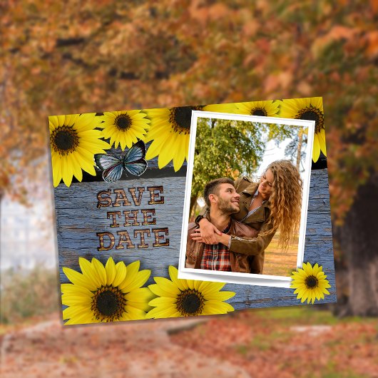 サンフラワー日付結婚を保存 | クラシック青 案内ポストカード