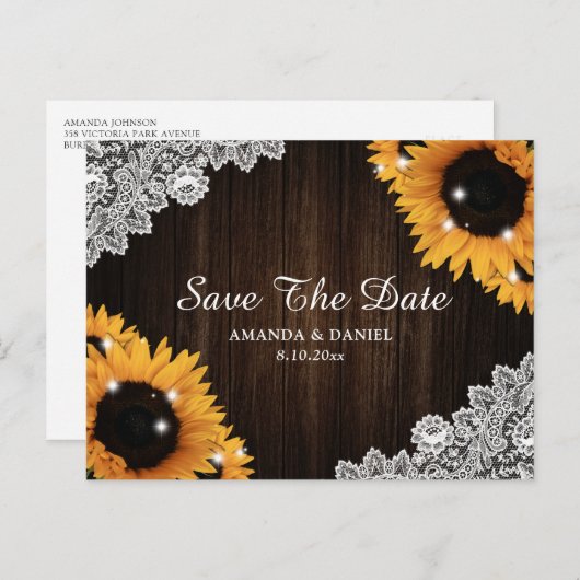 サンフラワー素朴ウッドレースの結婚式の日付を保存 案内ポストカード (正面/裏面)