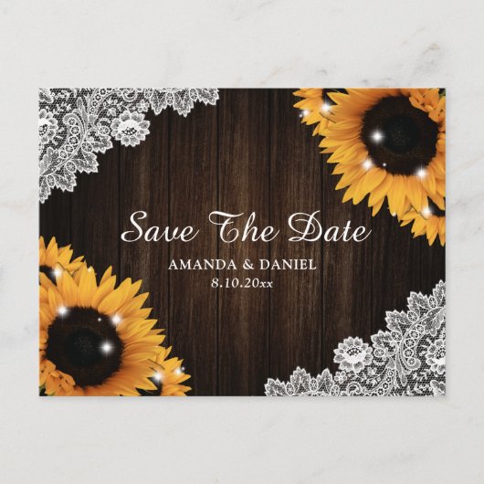 サンフラワー素朴ウッドレースの結婚式の日付を保存 案内ポストカード (正面)