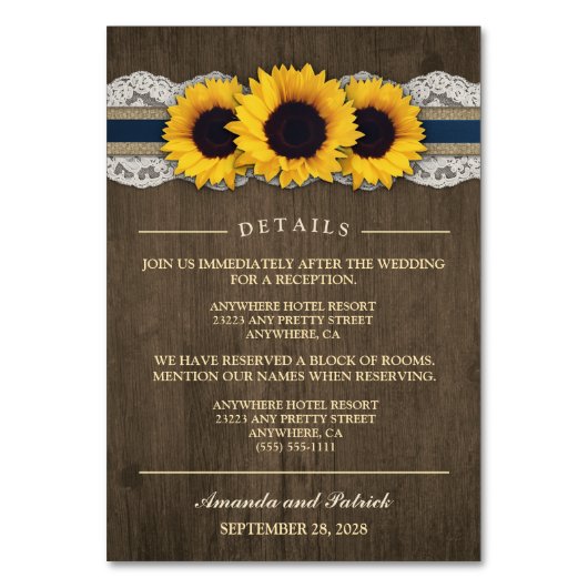 サンフラワー素朴ブルー披露宴+ホテルカード テーブルナンバー (正面)