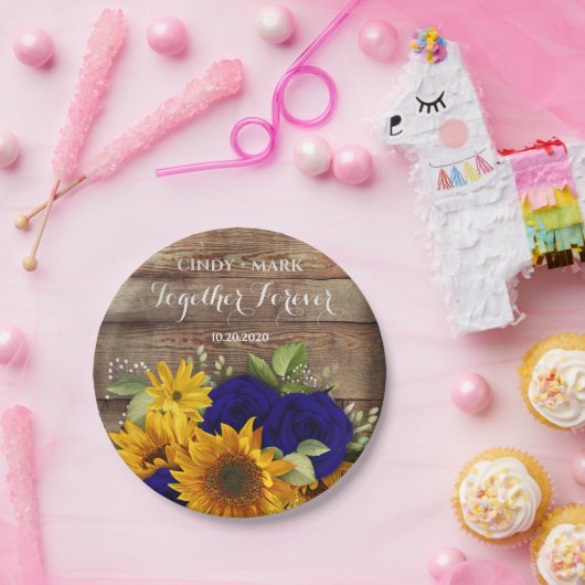 サンフラワー&ネイビーバラウェディングパーティープレート ペーパープレート (パーティー)