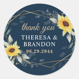 サンフラワー&ネイビーブルー幾何結婚図形ありがとう ラウンドシール