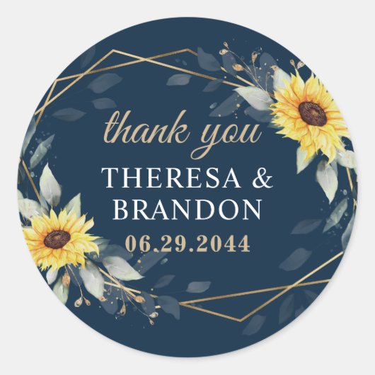 サンフラワー&ネイビーブルー幾何結婚図形ありがとう ラウンドシール (正面)