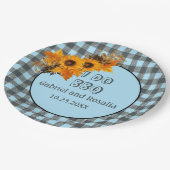 サンフラワー&ブルーバッファローチェック婚約パーティ ペーパープレート (アングル)