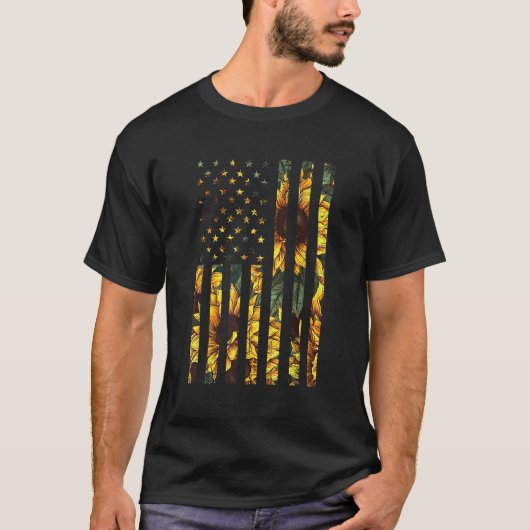 サンフラワーUSA国旗Patriotic 4日/7月アメリカ Tシャツ (正面)