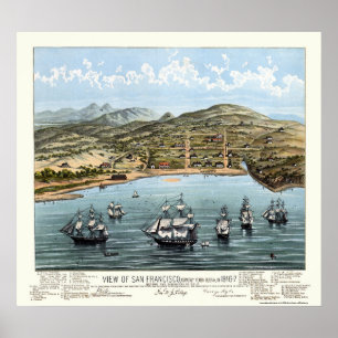 サンフランシスコのカリフォルニアのパノラマ式の地図- 1847年 ポスター