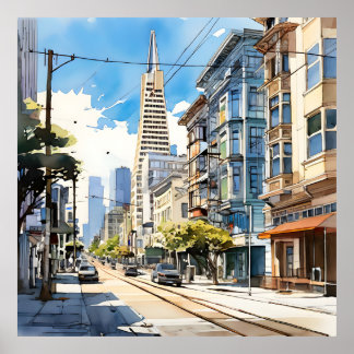 サンフランシスコの美しいペンとインクのスケッチ ポスター