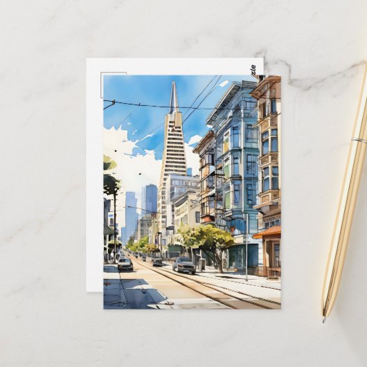 サンフランシスコの美しいペンとインクのスケッチ ポストカード (正面/裏面インサイチュ)