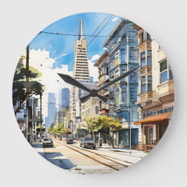 サンフランシスコの美しいペンとインクのスケッチ ラージ壁時計