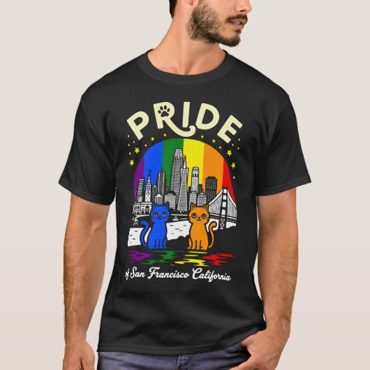 サンフランシスコの誇り カリフォルニアの猫 虹 Tシャツ (正面)
