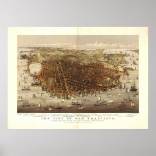 サンフランシスコカリフォルニア1878の旧式なパノラマ式の地図 ポスター