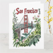 サンフランシスコゴールデンゲートブリッジウォーターカラーデザイン カード (黄色い花)