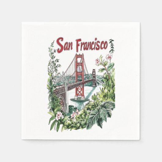 サンフランシスコゴールデンゲートブリッジウォーターカラーデザイン スタンダードカクテルナプキン (正面)
