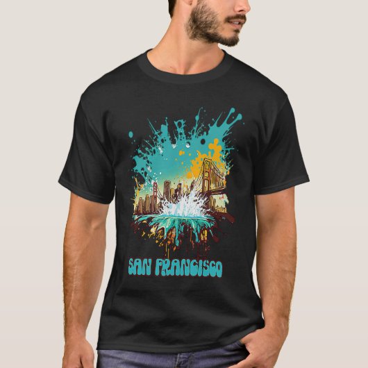 サンフランシスコスカイライン抽象芸術絵を描(ばちゃばちゃ)跳ねるグロー Tシャツ (正面)