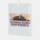 サンフランシスコ市街スカイライン緯度と経度 ガラスオーナメント (正面左)