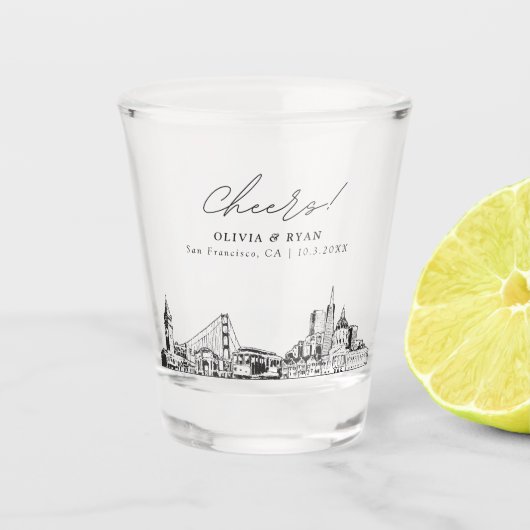 サンフランシスコ結婚式の引き出物パーソナライズされた応援 ショットグラス (正面)