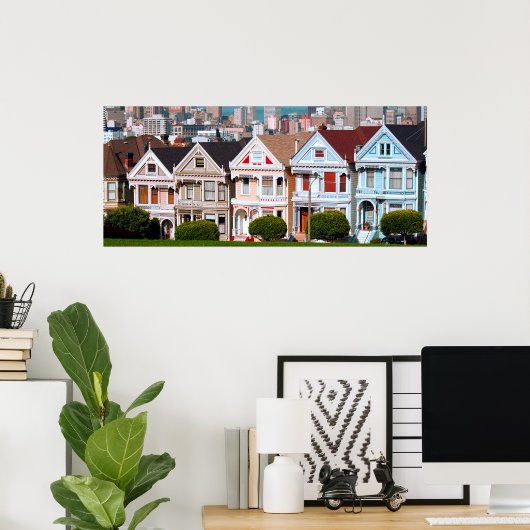 サンフランシスコ絵を描のアラモ広場の女性 ポスター (ホームオフィス)