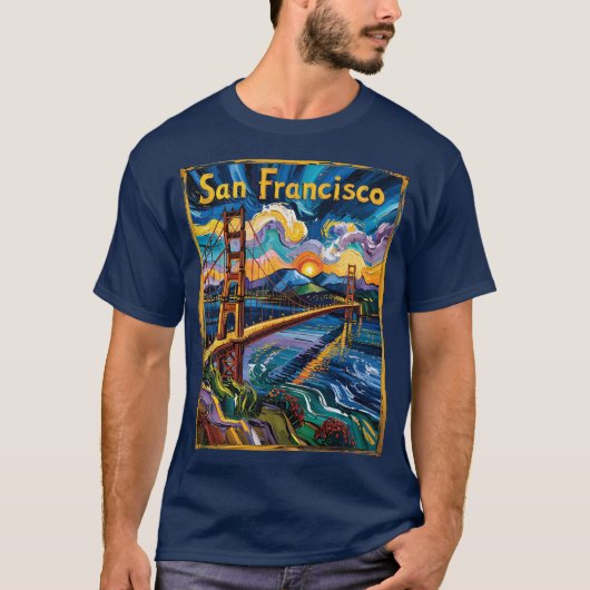 サンフランシスコ ゴールデンゲート ゴッホ風アート Tシャツ (正面)