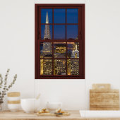 サンフランスカイラインアットナイトフェイクさくらんぼウッドウィンドウ ポスター (キッチン)