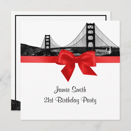 サンフランスカイラインエッチングBW赤SQ誕生日パーティー 招待状 (正面/裏面)