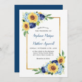 サンフローズダスティブルーフローラ縁ど金ゴールド結婚ズ 招待状 (正面/裏面)