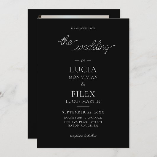 サンプルの白黒の写真とQRコード結婚 招待状 (正面/裏面)