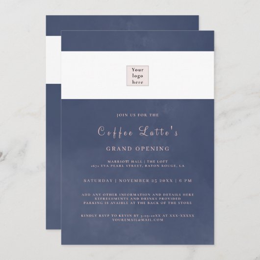 サンプルクラシックのネイビーブルースモーク事業開始 招待状 (正面/裏面)