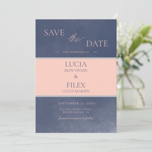 サンプルクラシックのネイビーブルー&ピンク日付を保存 招待状 (スタンド正面)