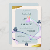 サンプルクラシックゴールデンパープル結婚グリーン 招待状 (正面/裏面)