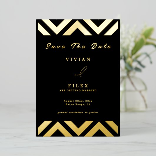 サンプルクラシックゴールデンラインウェーブ日付カードの保存 箔招待状 (立ち正面)