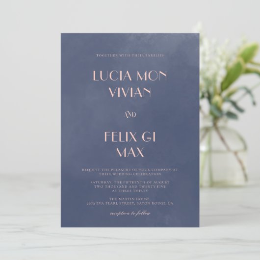 サンプルクラシックネイビーブルースモーク結婚式招待状 招待状 (スタンド正面)