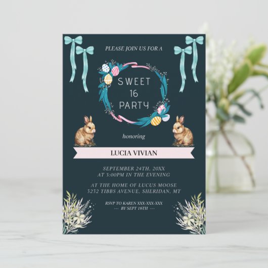 サンプルダークグリーンイースタービースウィート16誕生日 招待状 (スタンド正面)
