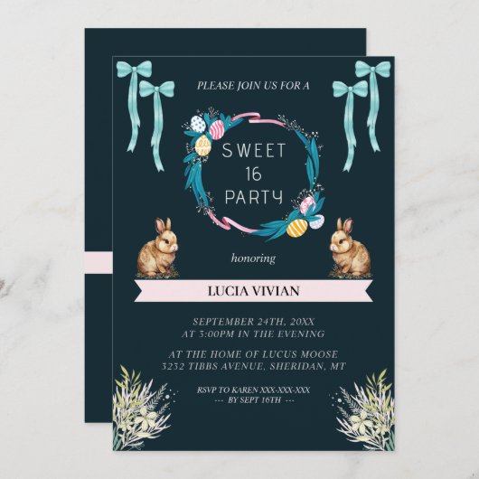 サンプルダークグリーンイースタービースウィート16誕生日 招待状 (正面/裏面)