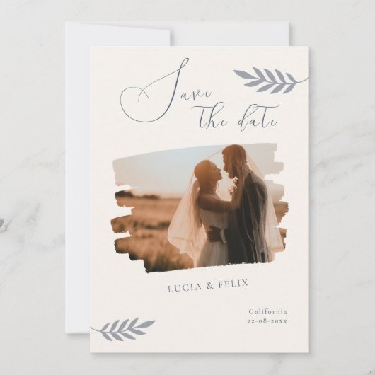 サンプルモダン葉写真日付の保存 招待状 (正面)