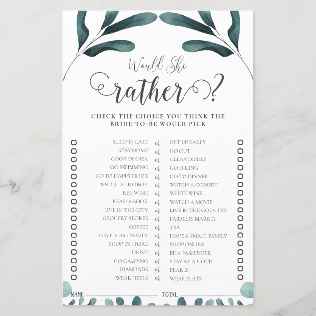 サンプル緑ユーカリブライダルシャワーゲーム (正面)