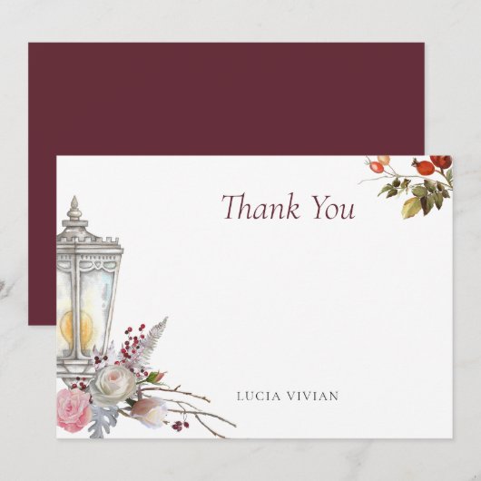 サンプル ラスティック フローラル ローズ & ランタン ブライダル シャワー サンキューカード (正面/裏面)