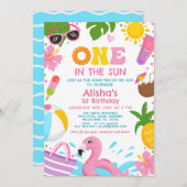 サンプールの明るいピンクの1つパーティー1st誕生日 招待状 (正面/裏面)
