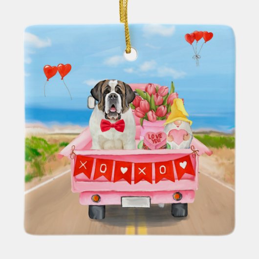 サンベルナルドッグバレンタインズデイトラックハート セラミックオーナメント (正面)