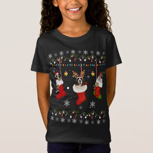 サンベルナール靴下のクリスマスドッグ恋人のセーター Tシャツ (正面)