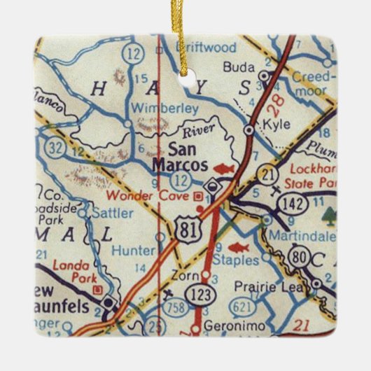 サンマルコステキサス州ヴィンテージの地図 セラミックオーナメント (正面)