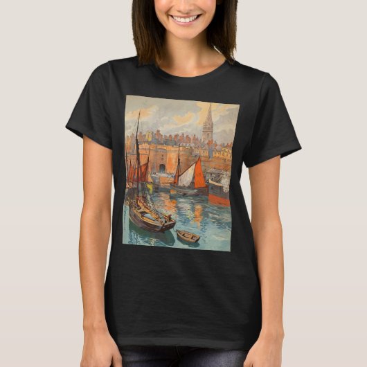 サンマロ，フランス，ヴィンテージ旅行ポスターアート Tシャツ (正面)