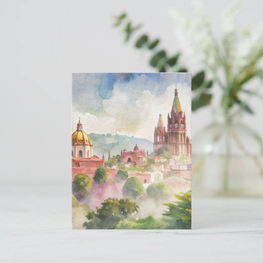 サンミゲルデアレンデメキシコの水彩画 ポストカード (スタンド正面)
