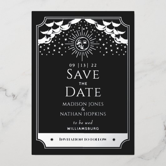 サンムーンタロット結婚ズシルバーブラックSave the Date 箔招待状 (正面)