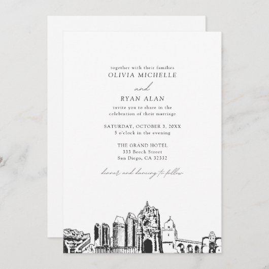 サンモダンディエゴランドマークスブラック&ホワイト結婚ズ 招待状 (正面/裏面)